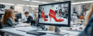A computer monitor displays a vivid image of elegant, red high-heeled shoes in a modern, busy office, creating a vibrant, creative atmosphere.