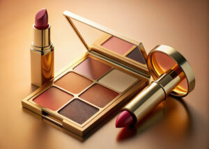 Golden makeup set on a bronze surface, includes a 4-shade eyeshadow palette, upright lipstick, and open compact. Luxurious and elegant tone.