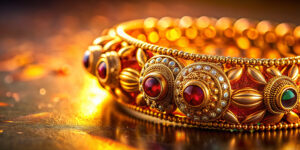 Opulent gold bracelet adorned with intricate patterns and large, deep red and green gemstones. It glows warmly against a softly lit background, conveying luxury.