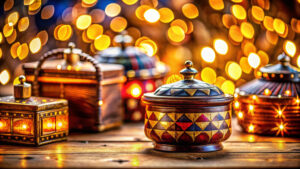 Ornate wooden boxes with intricate geometric designs are surrounded by warm, glowing lights, creating a festive and cozy atmosphere on a wooden surface.