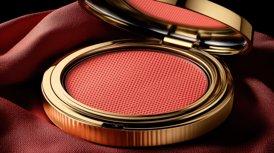 Open gold compact with vibrant coral blush, textured surface. Set on luxurious red fabric, it conveys elegance and sophistication.