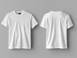 Two plain white T-shirts on a gray background, showing front and back views. The shirts are neatly displayed, emphasizing simplicity and cleanliness.