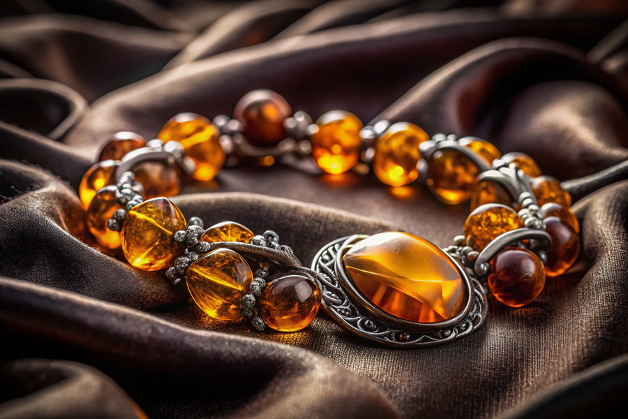 A vivid amber bead bracelet with intricate silver detailing lies on rich, brown satin fabric. The warm amber tones evoke elegance and warmth.