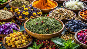 A vibrant assortment of herbs, spices, and berries in wooden bowls. Colors include green herbs, purple flowers, orange turmeric, and dark blueberries. The scene exudes freshness and variety.
