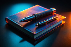 A textured pen and a sleek pen are placed on a closed, leather-bound notebook, illuminated by vibrant blue and orange lighting, creating a reflective ambiance.