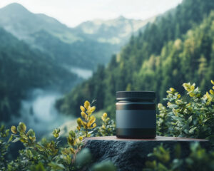 A dark, cylindrical jar sits on a rock surrounded by lush greenery. In the background, a misty valley and dense forest convey tranquility and natural beauty.