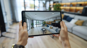 Hands holding a tablet display a modern living room with a beige sofa, colorful cushions, and plants. The real room is blurred in the background.