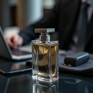 A sleek perfume bottle with amber liquid sits on a reflective black desk near a blurred laptop. The setting conveys elegance and professionalism.