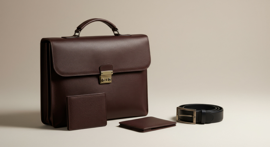 A sleek brown leather briefcase with a gold clasp, accompanied by a matching wallet, cardholder, and a black leather belt. The tone is elegant and sophisticated.