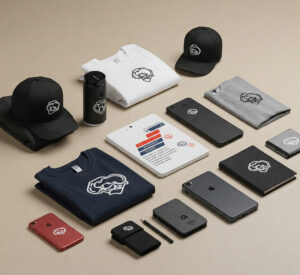 Various branded merchandise including black and white caps, T-shirts, a tumbler, gadgets, and notebooks arranged on a beige surface, conveying a sleek, modern vibe.